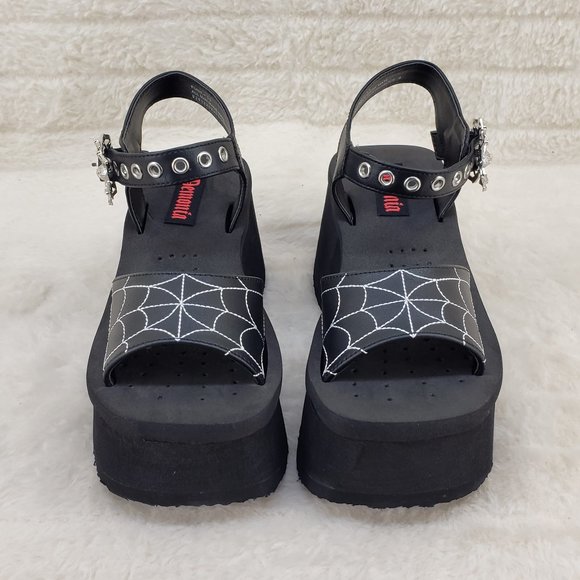 Platform Goth Sandals Black Matte Web Toe Strap With Spider Buckle Funn 10 - Picture 7 of 16